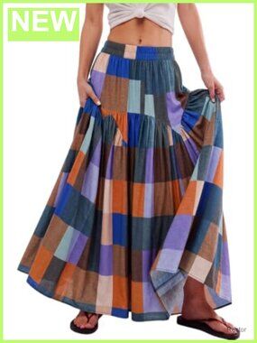 Boho Ruched High Waist Plaid Tiered A-Line Floor Length Maxi Skirt